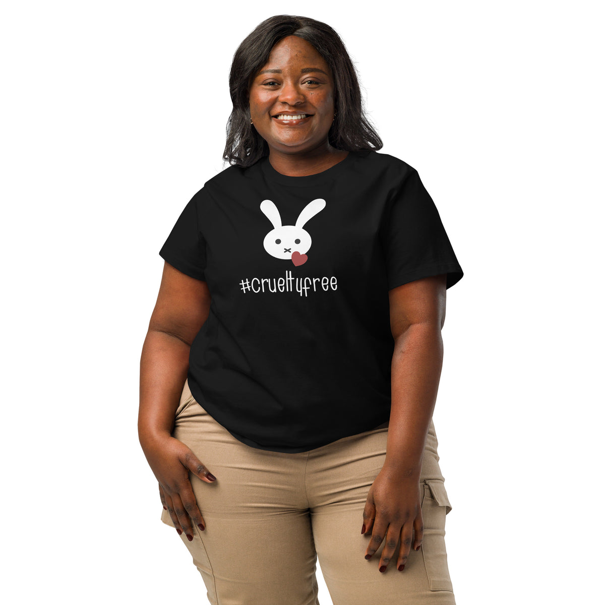 Damen-T-Shirt, schwarzes Kurzarmshirt mit weißem Hasenmotiv und #crueltyfree
