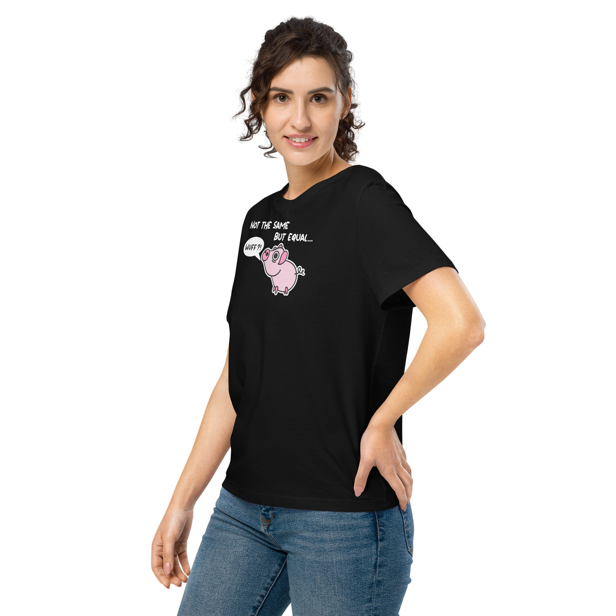 Damen-T-Shirt schwarz mit rosa Schweinchen-Print und Schriftzug „Not the same but equal“