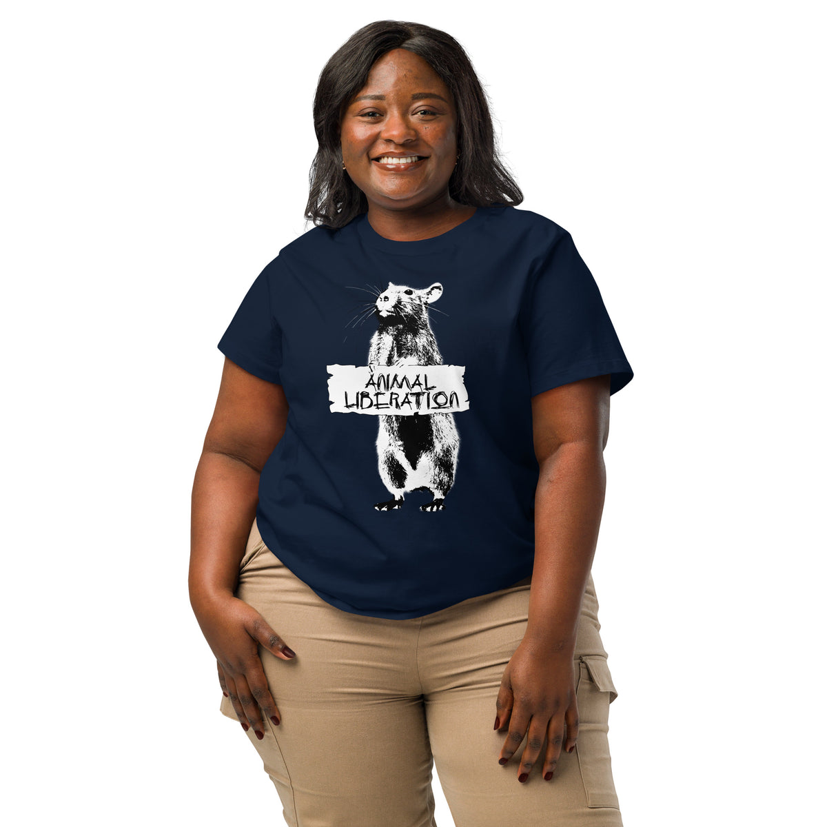 Damen-T-Shirt in dunkelblau mit weißem Tiermotiv und Schriftzug „Animal Liberation“