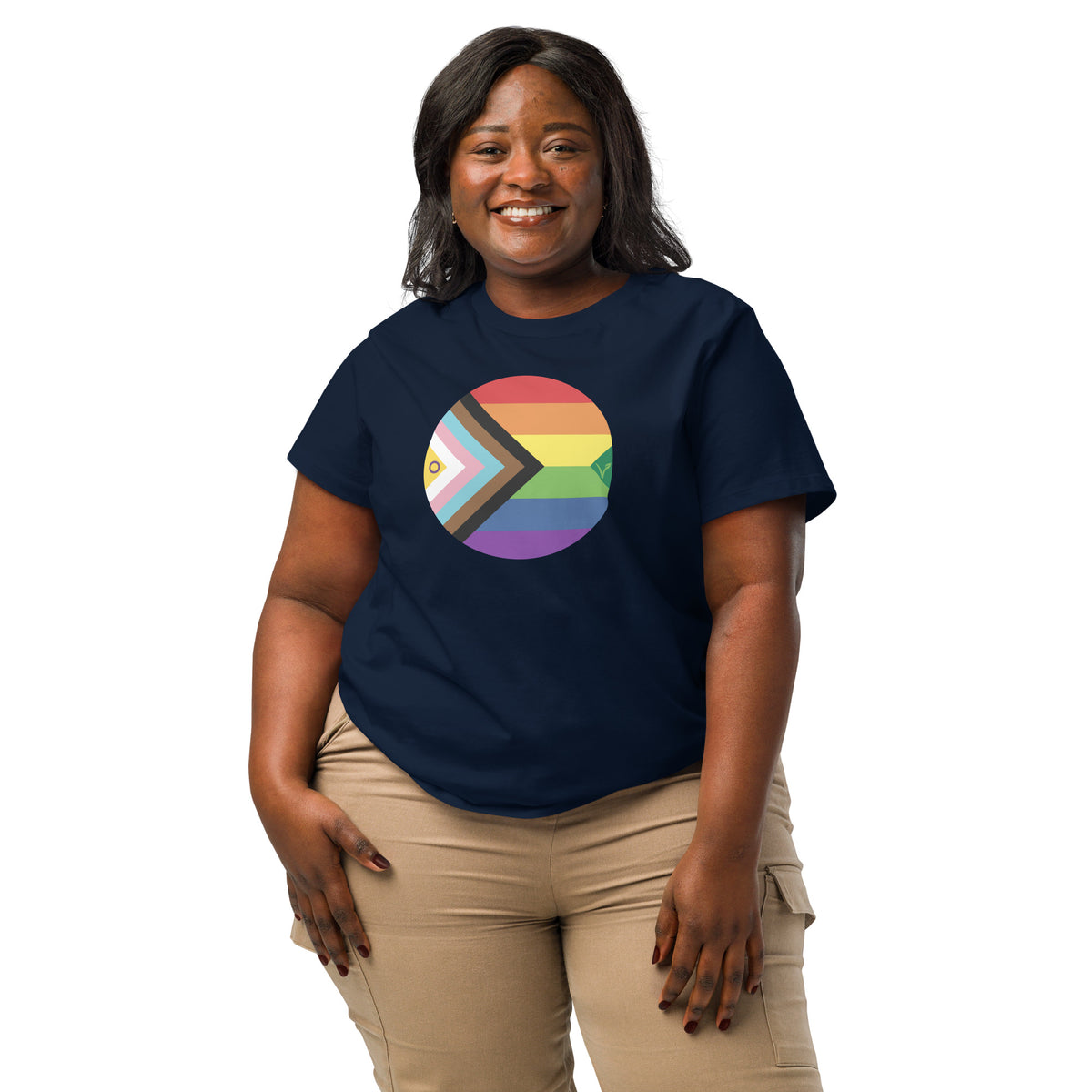 Dunkelblaues Damen-T-Shirt mit rundem Regenbogen-Grafikmotiv vorne