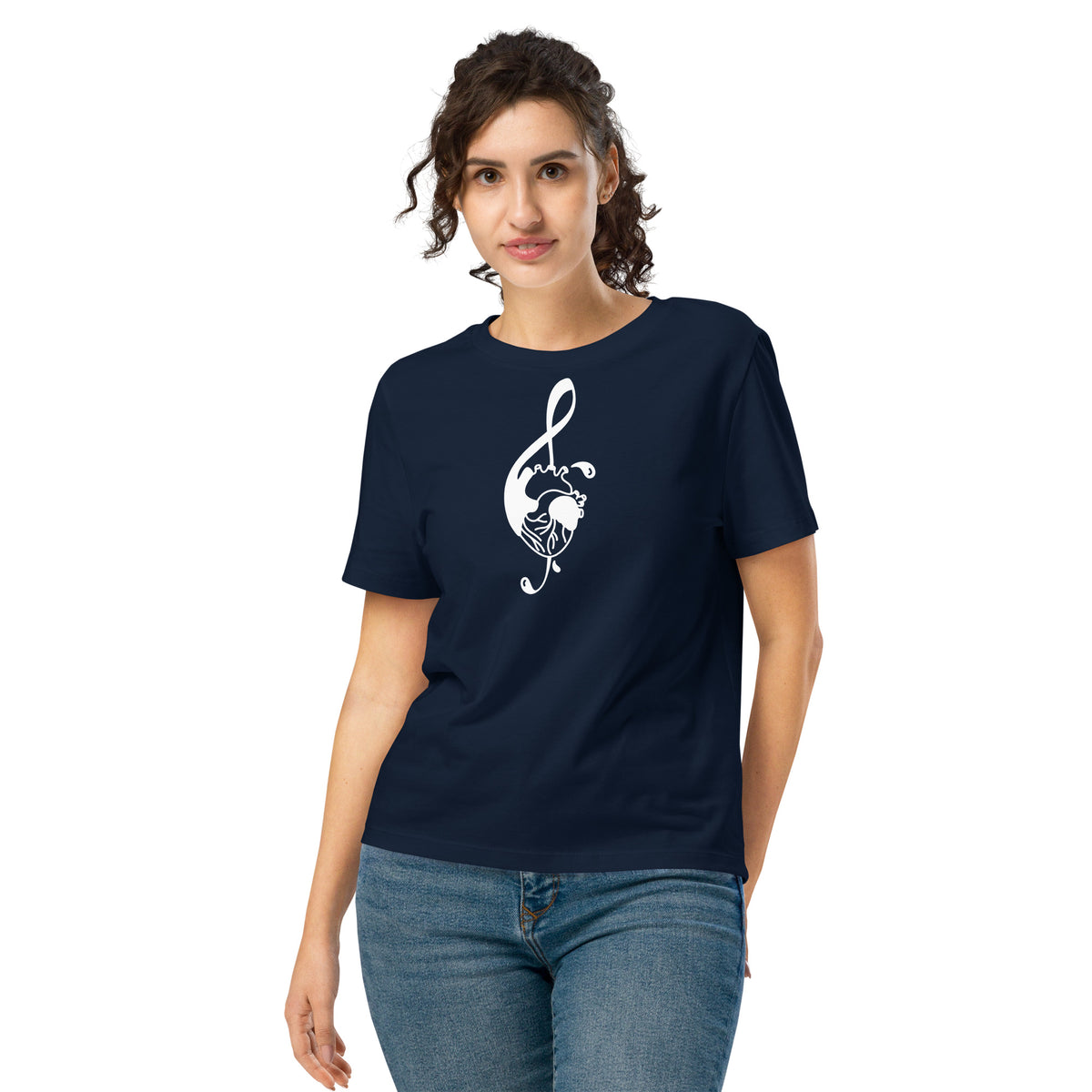Damen-T-Shirt dunkelblau, weißes Katzen-Noten-Motiv vorne