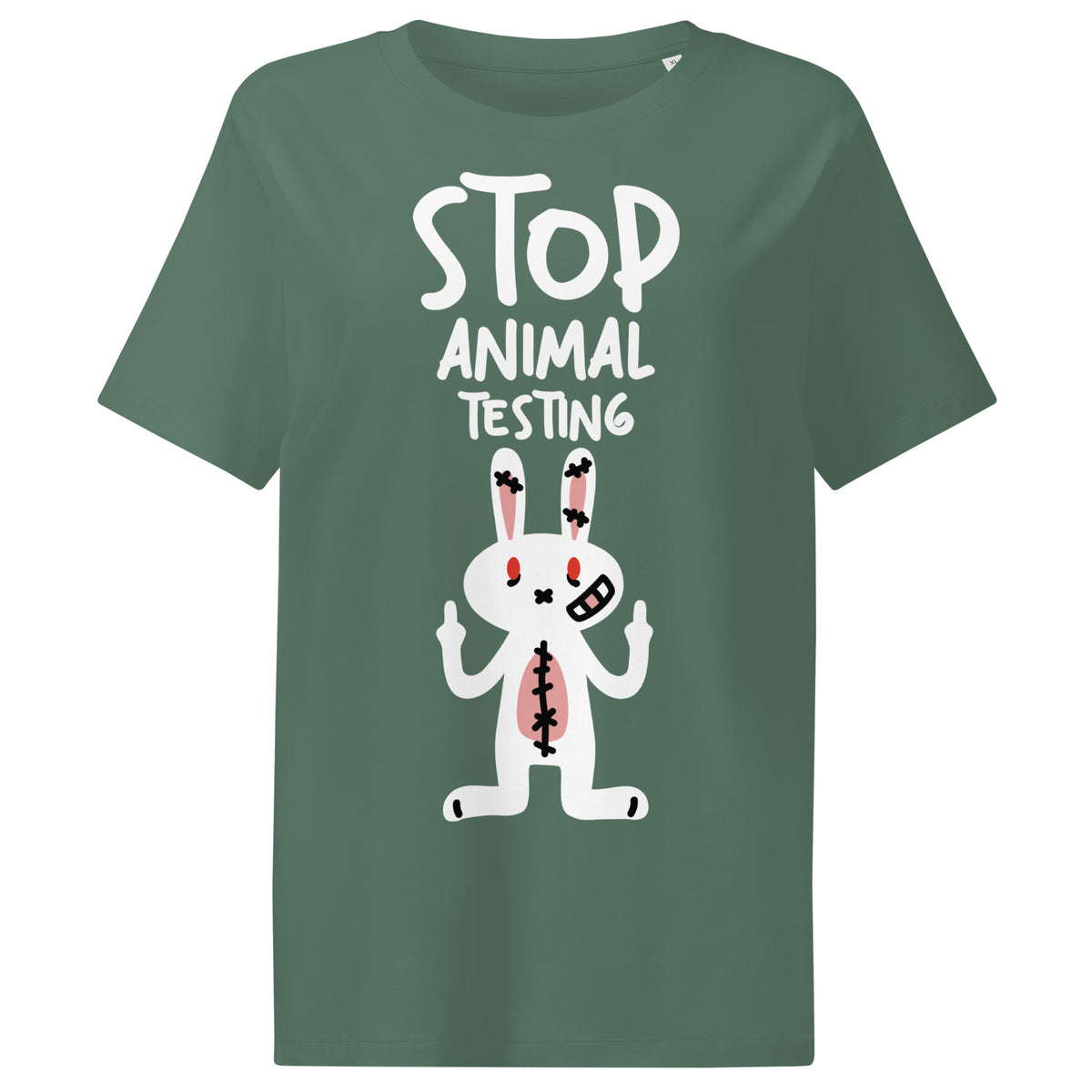 Damen-T-Shirt in dunklem Grün mit weißem Aufdruck „STOP ANIMAL TESTING“ und Kaninchenmotiv