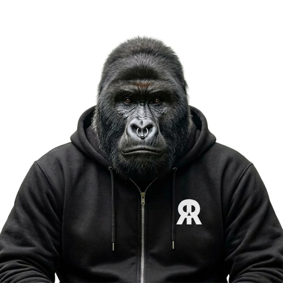 Gorilla der einen RUDE REBEL Zipper trägt