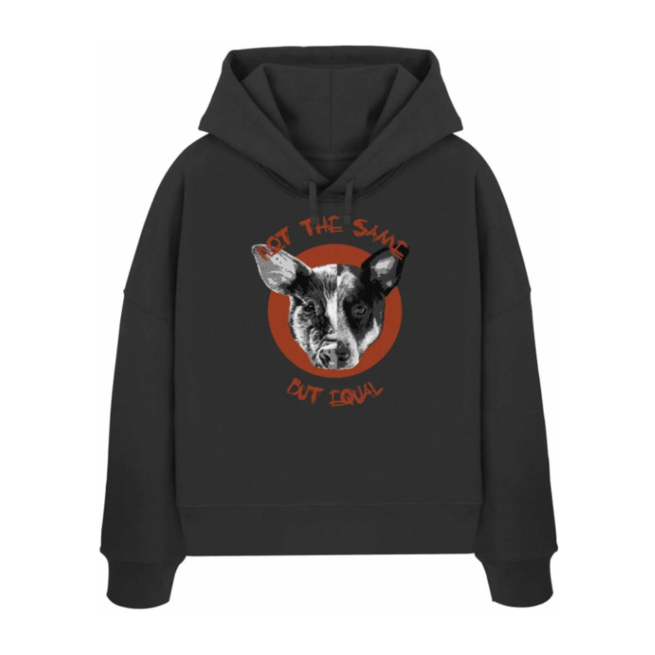 Schwarzer Crop Hoodie Vegan und Bio mit Schweine und Hundekopf in der Mitte geteilt: not the same but equal Schriftzug