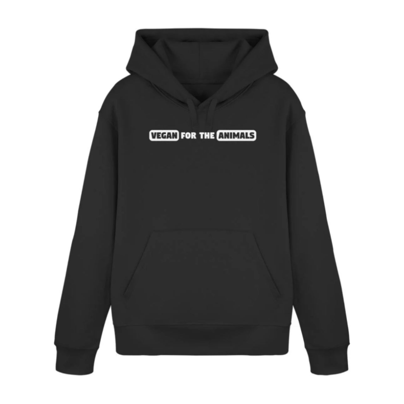 Schwarzer veganer Hoodie mit weißer Schrift; Vegan for the animals
