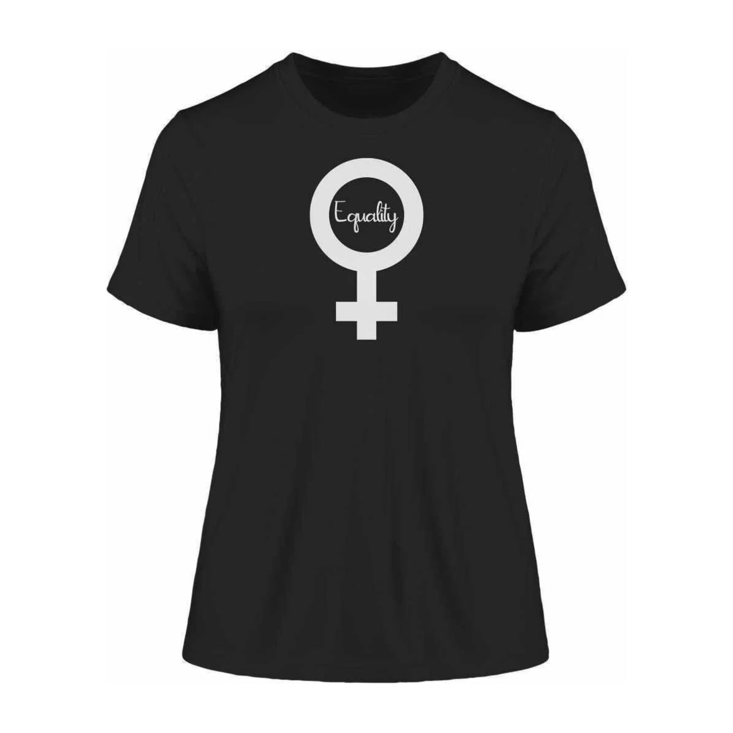 Schwarzes Frauen Shirt Vegan und Bio mit Venus Symbol in weiß und Equality als Schriftzug (Feministisches Design)