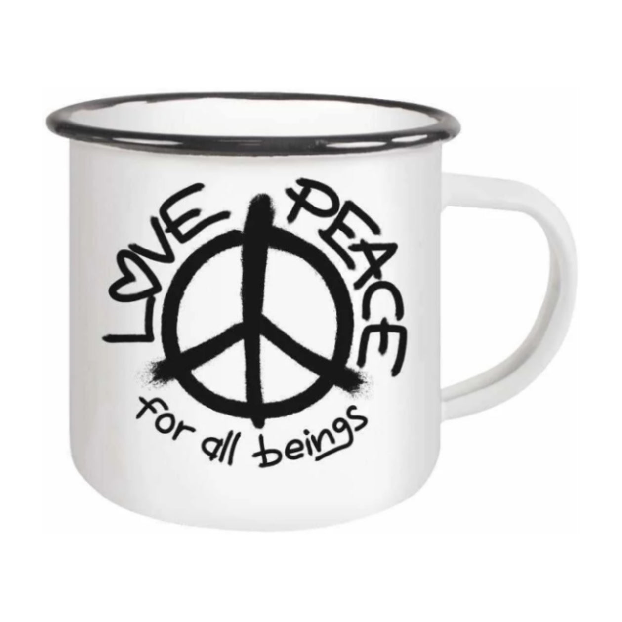 Ökologisch produzierte Emaille Tasse mit Love and Peace Design