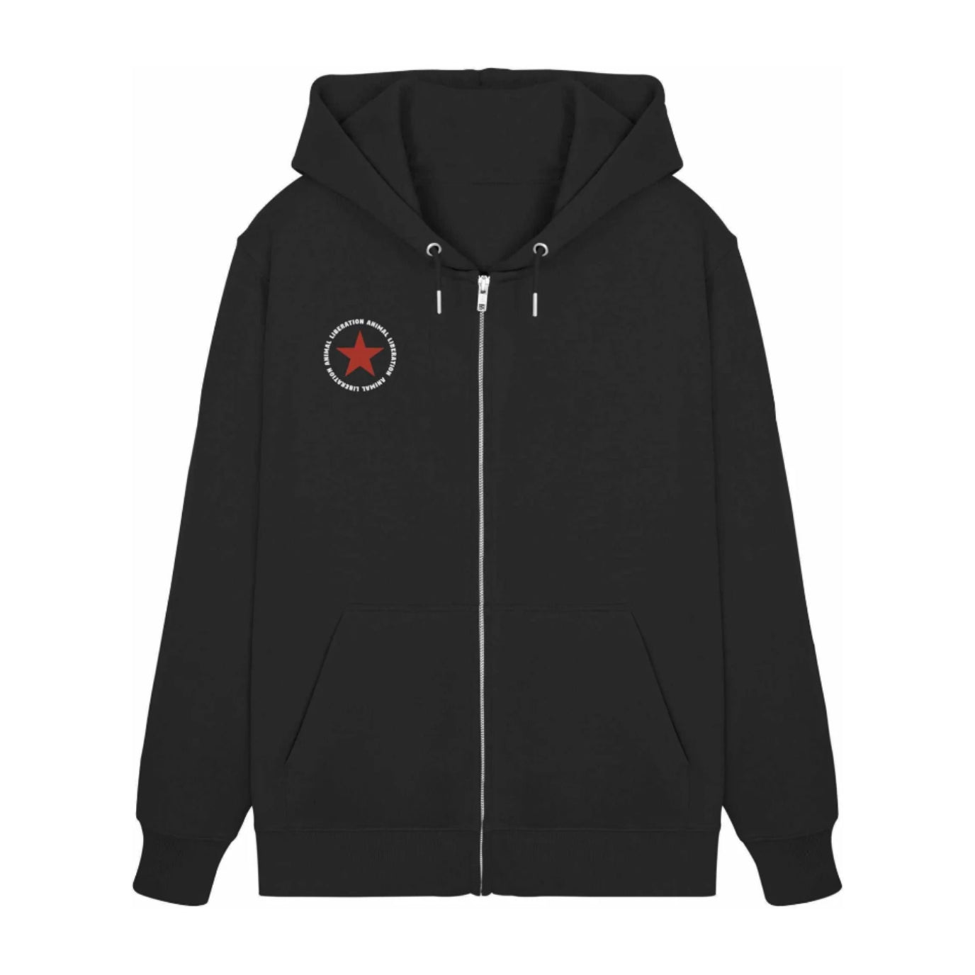 Schwarzer Zipper Hoodie mit Stern und Animal Liberation Logo