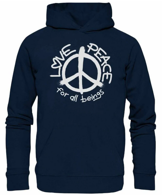 Veganer und nachhaltiger Hoodie in Marineblau mit großem Peace-Zeichen, umgeben von LOVE und PEACE, darunter for all beings. Größe L, von RUDE REBEL.