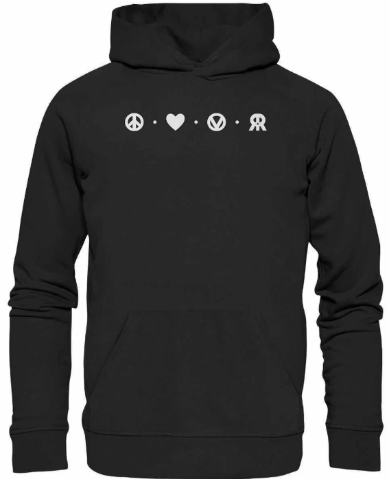 Vegan und Bio Hoodie: Peace -Love - Veganism - RUDE REBEL in Schwarz / Größe S
