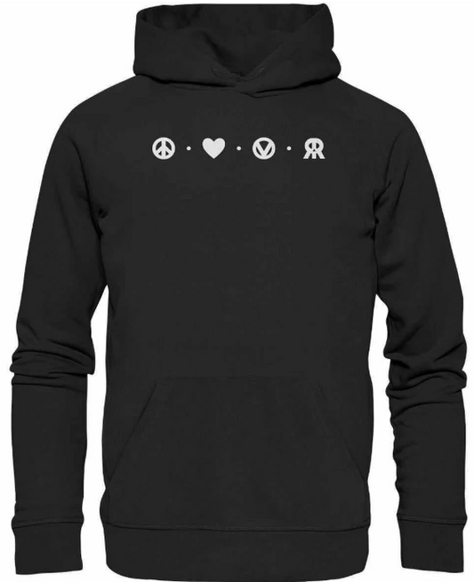 Vegan und Bio Hoodie: Peace -Love - Veganism - RUDE REBEL in Schwarz / Größe S