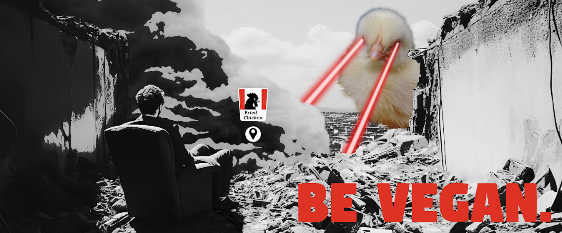 Vegan und Bio Side Pocket Hoodie: BE VEGAN. - Angry bird vor zerstörter Landschaft mit riesigem Küken und Rauch, das zur veganen Lebensweise aufruft.
