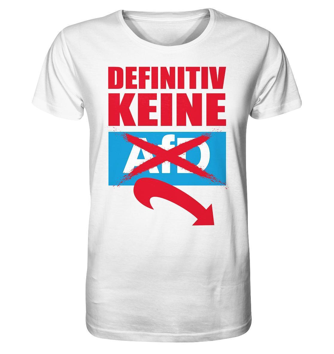 Vegan und Bio Unisex Shirt aus weißer Bio-Baumwolle mit rotem Text und Pfeilen, symbolisiert Widerstand gegen Rechtsextremismus.