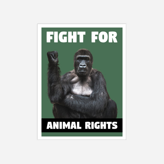 Vegan & Rebellious Sticker: Gorilla - Fight for Animal Rights (Fotografie von einem sitzenden Gorilla, der seine Faust wie zum Zeichen für einen Klassenkampf hebt auf grünem Hintergrund und weiß schwarzer Schriftzug, Veganismus, Animal Rights, Tierschutz, Tierrechte)