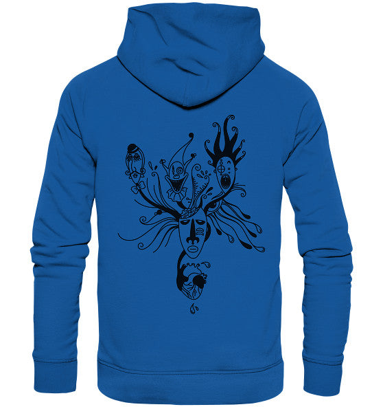 Rückansicht des blauen Vegan und Bio Hoodie: Mental Health - Behind the Mask... mit schwarzem, abstraktem Blackwork-Design aus stilisierten Gesichtern.