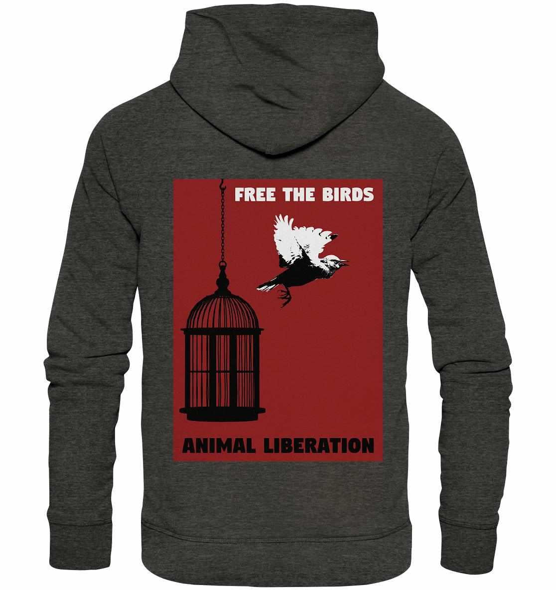 Vegan und Bio Hoodie mit Vogel- und Käfigdesign, symbolisiert Tierbefreiung; hergestellt aus biologischer Baumwolle und recyceltem Polyester, normaler Schnitt, langärmelig.