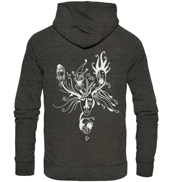 Rückansicht des Vegan und Bio Hoodie: Mental Health - Behind the Mask mit surrealem weißen Grafikdruck eines Gesichts, umgeben von organischen Linien und maskenartigen Motiven.