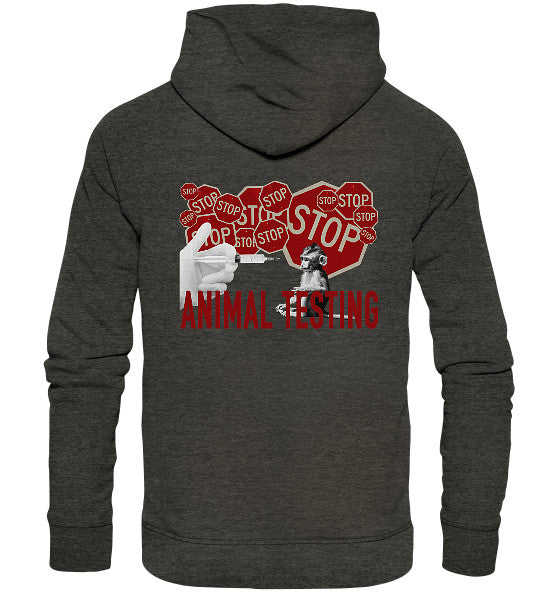 Rückseite eines dunklen Hoodies mit Grafik: Handschuh greift Spritze zum Affen vor roten STOP-Schildern, darunter „ANIMAL TESTING“. Produktname: Vegan und Bio Hoodie: STOP ANIMAL TESTING!