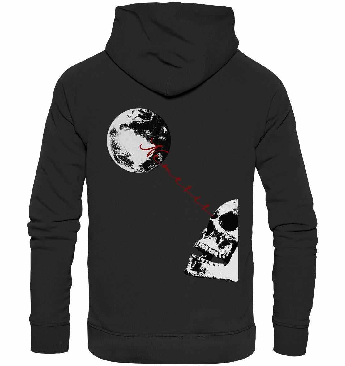 Vegan und Bio Hoodie: Nemesis - Dystopische digitale Collage mit Schädel und Mondmotiv, aus Bio-Baumwolle und recyceltem Polyester, rebellisches Design von RUDE REBEL.