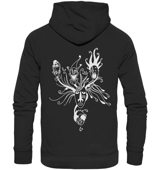 Schwarzer Kapuzenpullover mit surrealem, weißem Grafikdesign, das mehrere maskenartige Gesichter zeigt. Vegan, nachhaltig aus Bio-Baumwolle und recycelten Materialien produziert. Produkt: Vegan und Bio Hoodie: Mental Health - Behind the Mask...
