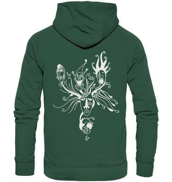 Rückansicht des Vegan und Bio Hoodie: Mental Health - Behind the Mask... mit surrealem, botanisch-tribalem Design, das maskenartige Gesichter und verzweigte Linien zeigt.