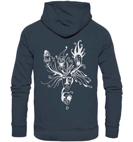 Rückseite eines dunkelblauen Vegan und Bio Hoodie: Mental Health - Behind the Mask... mit surrealem weißen Doodle-Design, mit Masken, Ranken und Kreaturen, symbolisierend persönliche Vielseitigkeit.