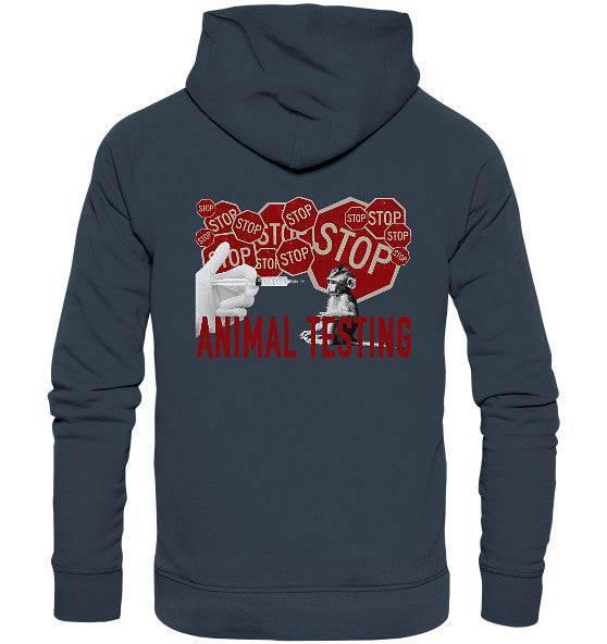 Rückseite des Vegan und Bio Hoodie: STOP ANIMAL TESTING!, mit Grafik von Spritze, Affe und roten STOP-Schildern, symbolisiert Protest gegen Tierversuche.