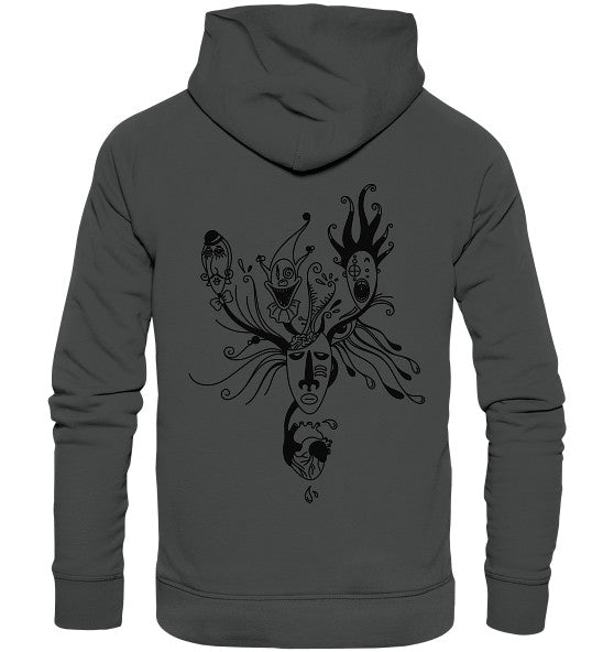 Rückansicht des Vegan und Bio Hoodie: Mental Health - Behind the Mask mit surrealistischem Maskendesign, inspiriert von psychologischen Facetten und nachhaltiger Herstellung aus Bio-Baumwolle und Recyclingmaterialien.