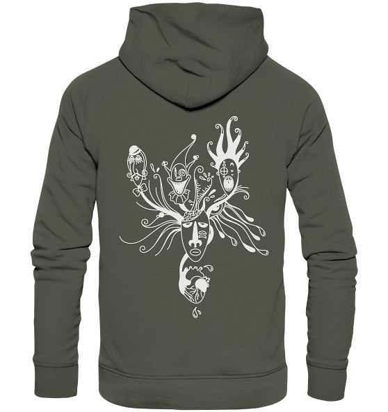 Rückansicht des Vegan und Bio Hoodie: Mental Health - Behind the Mask..., mit abstraktem Gesichtsmotiv und Tentakel-Design, aus nachhaltiger Bio-Baumwolle und Recyclingmaterial.