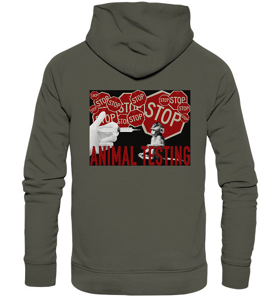 Vegan und Bio Hoodie: STOP ANIMAL TESTING! mit Anti-Tierversuchs-Design, rotes STOP-Schild, Spritze, Primat. Ausdrucksstarke Botschaft gegen Tierversuche, aus nachhaltiger Bio-Baumwolle.