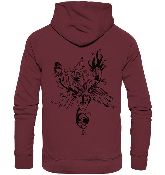 Rückansicht eines burgunderfarbenen Hoodies mit surrealem Masken-Design. Vegan und Bio Hoodie: Mental Health - Behind the Mask... thematisiert individuelle Facetten, nachhaltig produziert.