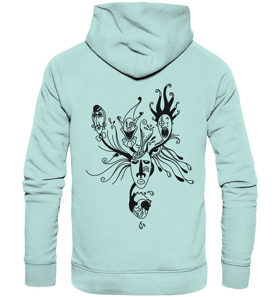 Hinteransicht des Vegan und Bio Hoodie: Mental Health - Behind the Mask mit surrealem, psychedelischem Baumgesicht-Design in Schwarz auf mintgrünem Stoff, symbolisch für Vielseitigkeit und Bewusstsein.