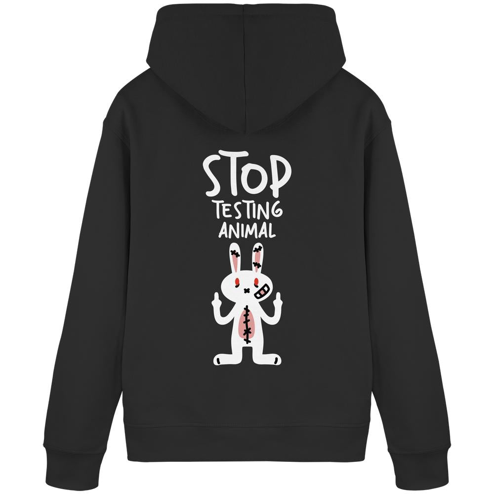 Schwarzer Hoodie mit weißem Cartoon-Hasen und erhobenen Mittelfingern, Text STOP TESTING ANIMAL. Rebellisch, vegan und bio, thematisch gegen Tierversuche.