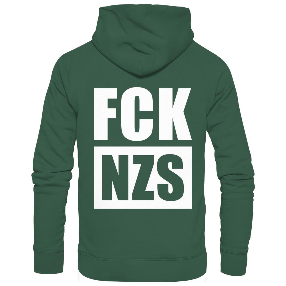 Rückansicht des Vegan und Bio Hoodie: FCK NZS mit großem Anti-Nazi-Schriftzug, betont nachhaltige Materialien und rebellisches Design von RUDE REBEL.