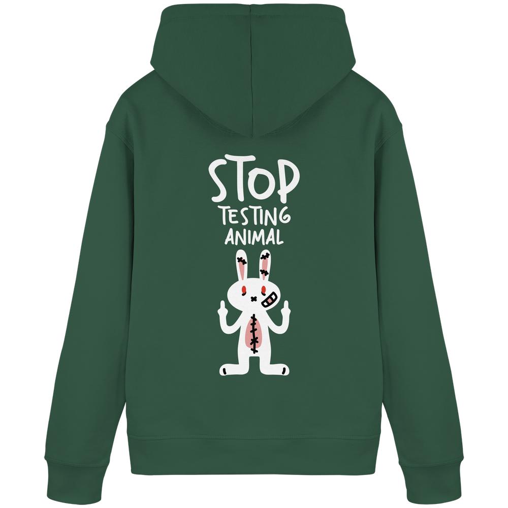 Dunkelgrüner Hoodie Vegan und Bio Hoodie: Angry Rabbit - Animal Rights mit aufgedrucktem Hasenmotiv und STOP TESTING ANIMAL-Slogan, rebellisch gegen Tierversuche.