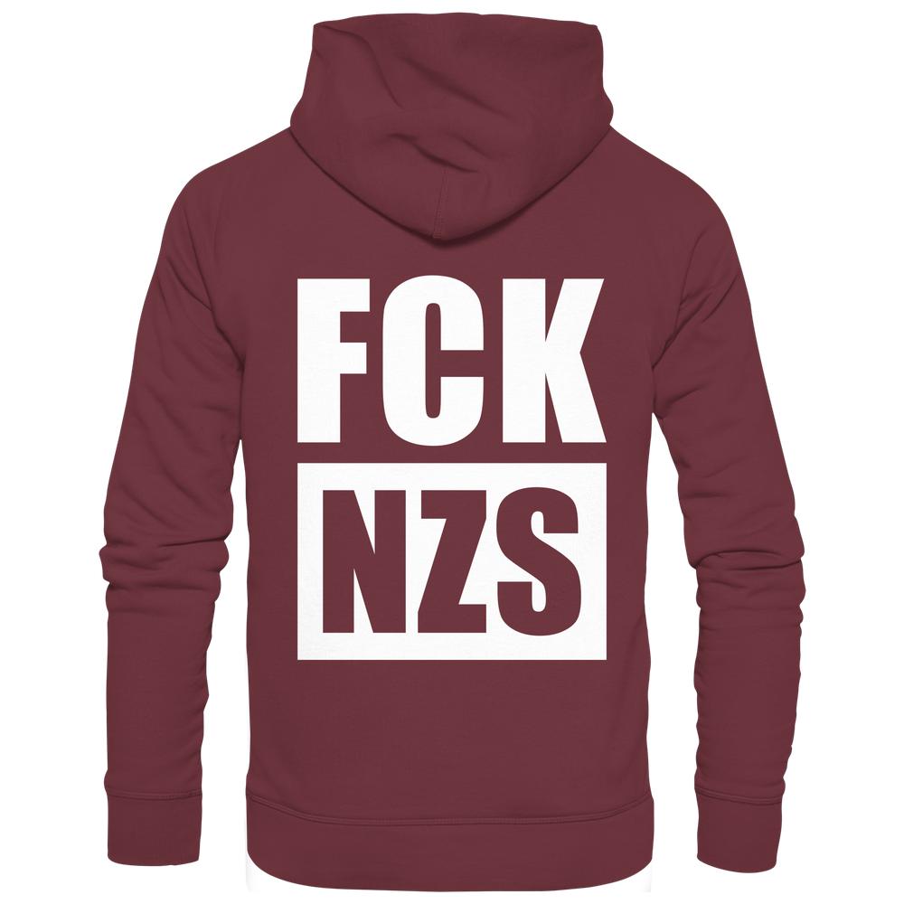 Rückansicht eines Bio-Hoodies mit Kapuze, Aufschrift FCK NZS in Weiß. Nachhaltiges Design von RUDE REBEL, Symbol gegen rechte Ideologien, aus Bio-Baumwolle und recyceltem Polyester.