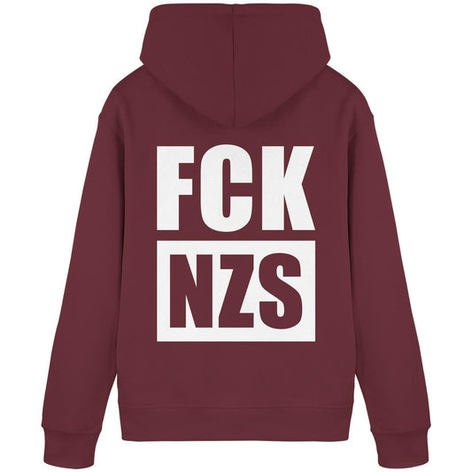 Vegan und Bio Hoodie: FCK NZS, burgunderfarbener Kapuzenpullover mit weißem Print „FCK NZS“ auf dem Rücken, aus Bio-Baumwolle und recyceltem Polyester, normale Passform.