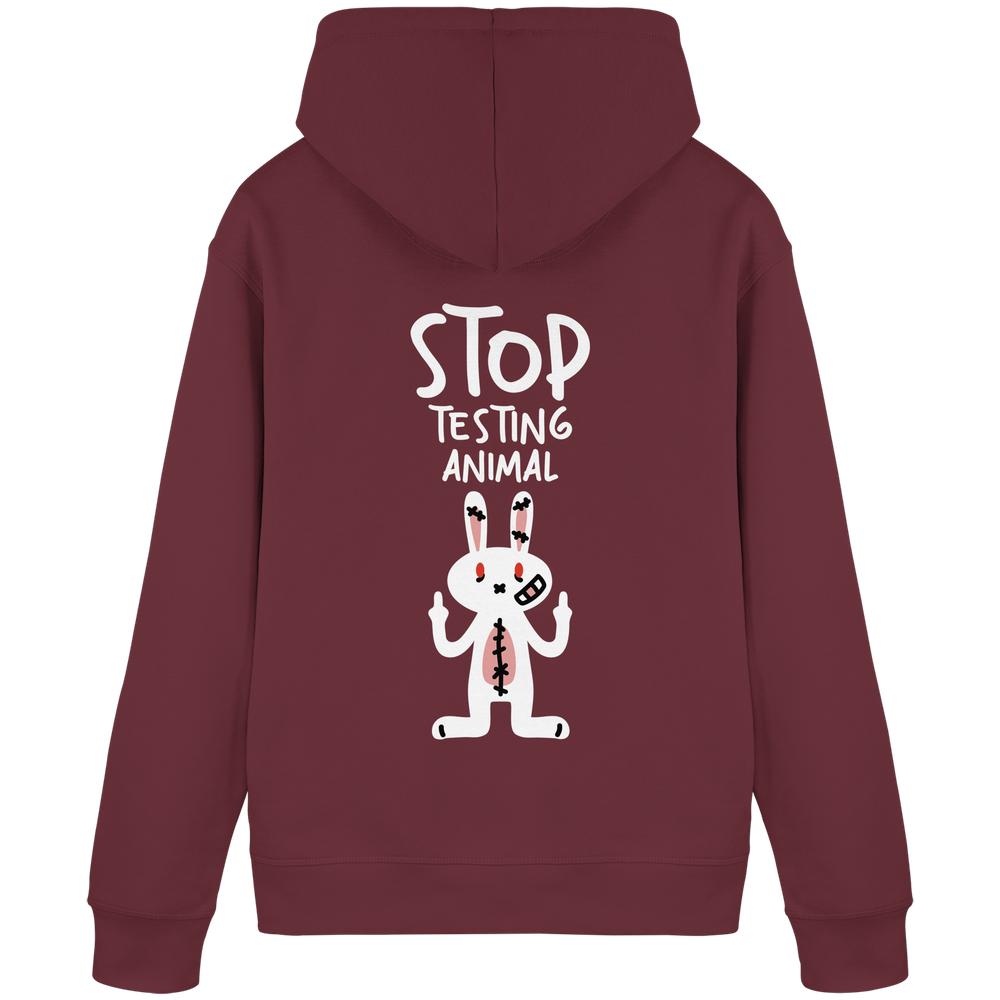 Rückseite des Vegan und Bio Hoodie: Angry Rabbit - Animal Rights mit wütendem Cartoon-Hase und Slogan „STOP TESTING ANIMAL.“ aus Bio-Baumwolle und recyceltem Polyester.