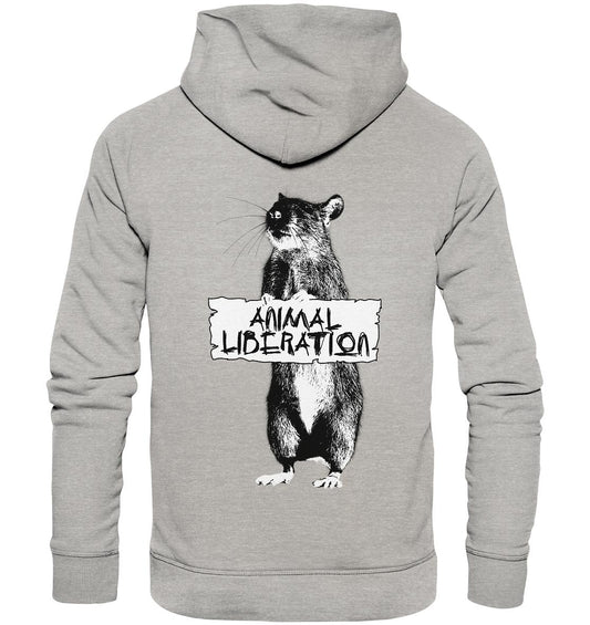 Vegan und Bio Hoodie: Rat for Animal Liberation, grauer Hoodie mit Katzenmotiv, inspiriert von Banksy, aus Bio-Baumwolle, normaler Schnitt, Kängurutasche, Kapuze mit Jersey-Futter.