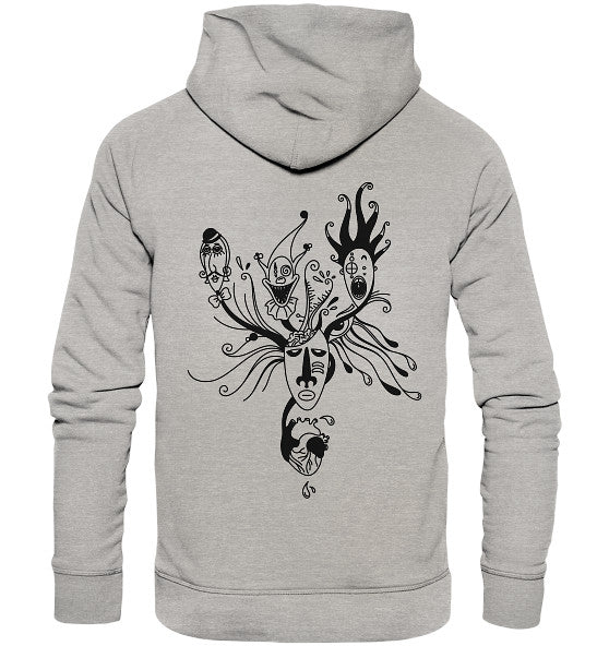 Vegan und Bio Hoodie: Mental Health - Behind the Mask. Rückseite zeigt surrealen Gesichtsentwurf mit fließenden Haaren, Tentakelvines und tropfendem Herzen, inspiriert von Medusa.