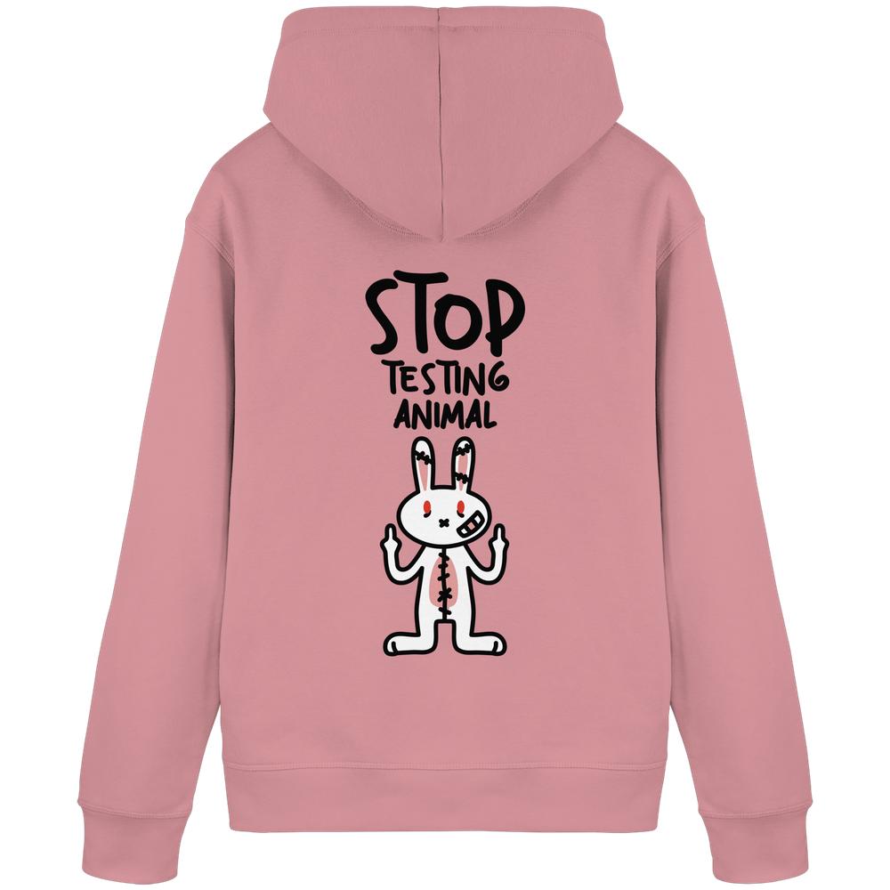 Vegan und Bio Hoodie: Angry Rabbit - Animal Rights, pinker Hoodie mit Kapuze, zeigt schwarzen Slogan „STOP TESTING ANIMAL“ und wütenden Cartoon-Hasen mit Mittelfingern.