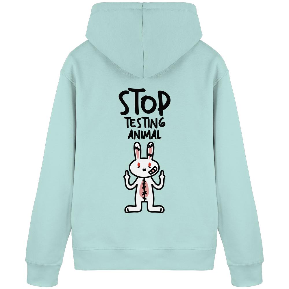 Rückansicht des Vegan und Bio Hoodie: Angry Rabbit - Animal Rights mit Cartoon-Hase, der Mittelfinger zeigt und STOP TESTING ANIMAL darüber.