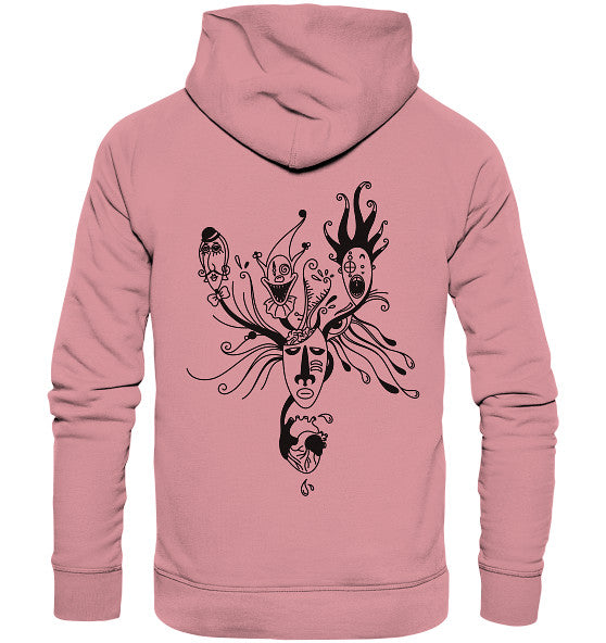 Vegan und Bio Hoodie mit abstraktem Totem-Design, zeigt stilisierte Gesichter und Masken, inspiriert von mentaler Gesundheit, gefertigt aus nachhaltigen Materialien.