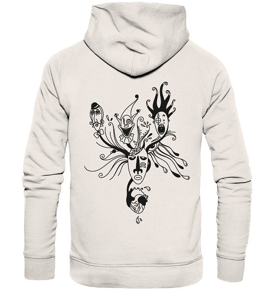 Rückansicht eines hellen, veganen Bio-Hoodies mit surrealem, schwarzem Doodle-Design: menschliches Gesicht, tentakelartige Haare, maskenartige Gesichter. Modell: Vegan und Bio Hoodie: Mental Health - Behind the Mask....