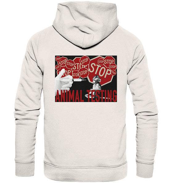 Vegan und Bio Hoodie: STOP ANIMAL TESTING! zeigt rote Stop-Schilder, eine Spritze auf Maus gerichtet, Protest-Design gegen Tierversuche auf nachhaltigem Material.
