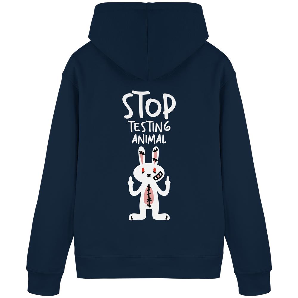 Rückseite des Vegan und Bio Hoodie: Angry Rabbit - Animal Rights, zeigt einen rebellischen Hasen mit Mittelfinger-Symbolik und dem Slogan STOP TESTING ANIMAL.
