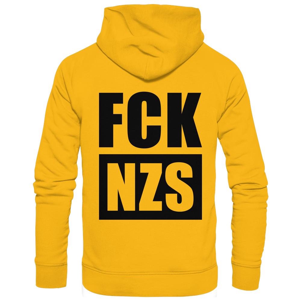 Vegan und Bio Hoodie: FCK NZS, Rückseite mit schwarzem Anti-Nazi-Slogan auf gelbem Hintergrund, aus Bio-Baumwolle und recyceltem Polyester, normaler Schnitt.