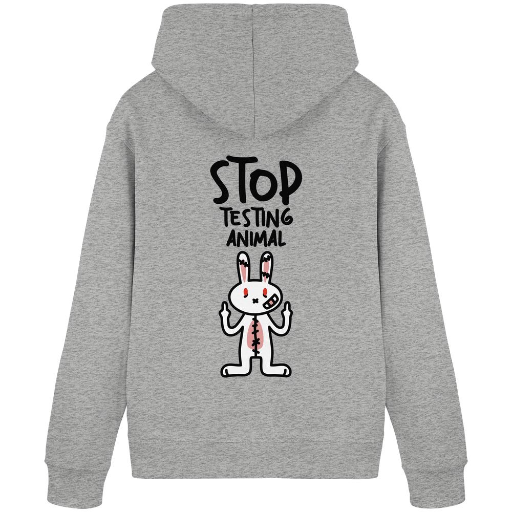 Rückansicht des Vegan und Bio Hoodie: Angry Rabbit - Animal Rights mit wütendem Cartoon-Hasen und Protesttext gegen Tierversuche, unterstreicht Tierrechtsbotschaft.
