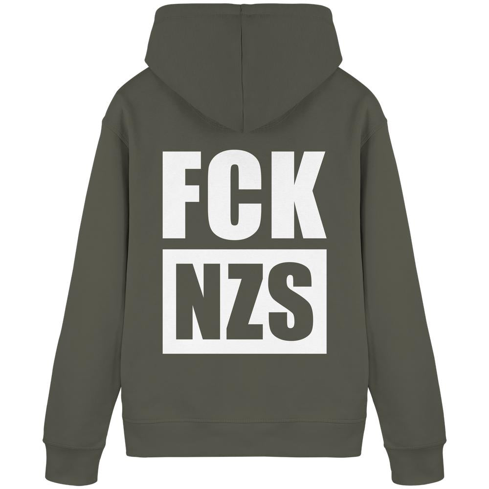 Rückansicht eines olivgrünen Vegan und Bio Hoodie: FCK NZS mit weißem Slogan, hergestellt aus Bio-Baumwolle und recyceltem Polyester, normaler Schnitt, von RUDE REBEL.