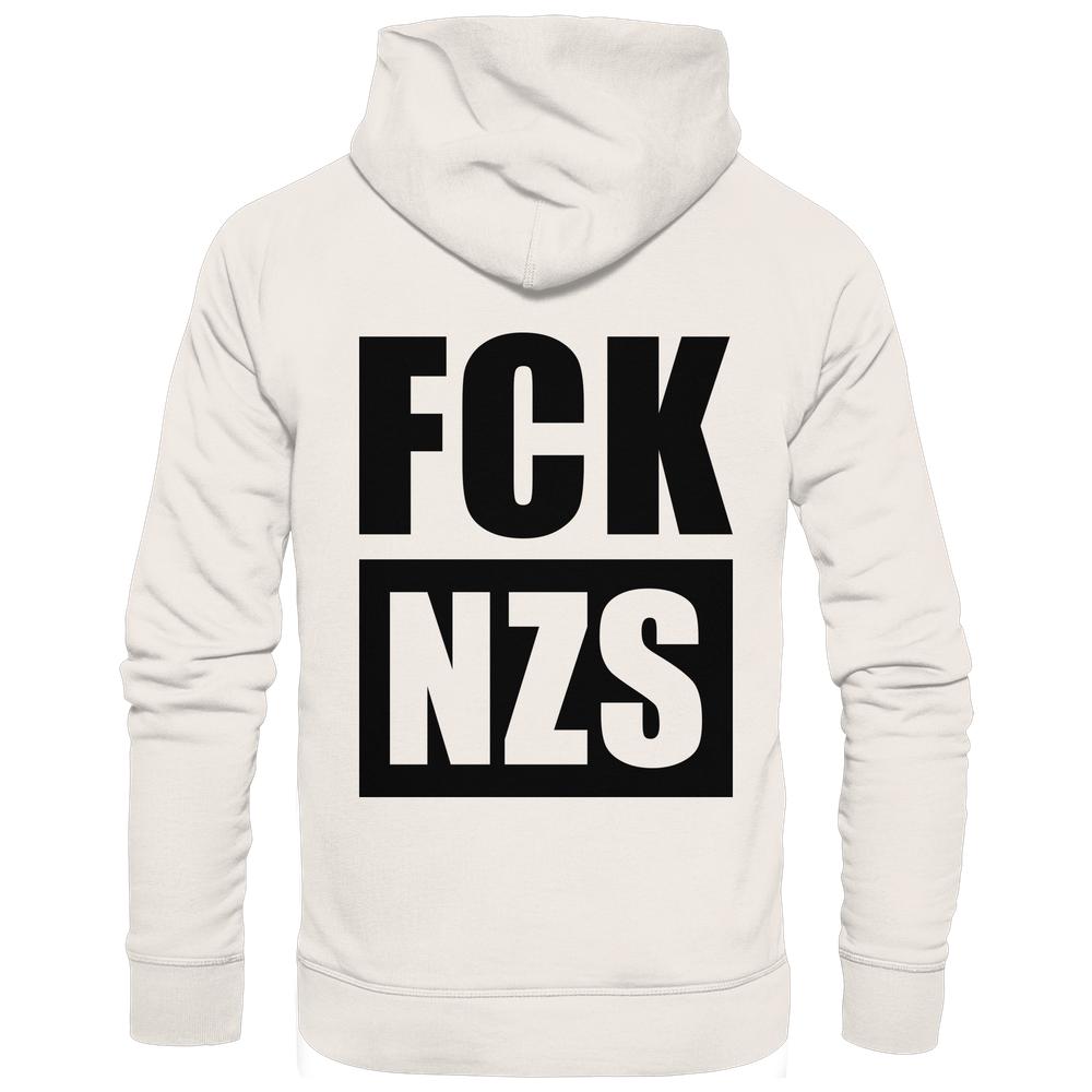 Vegan und Bio Hoodie: FCK NZS mit großem, schwarzen Schriftzug auf dem Rücken. Symbolisiert den Kampf gegen rechts. Nachhaltig aus Bio-Baumwolle und recyceltem Polyester.